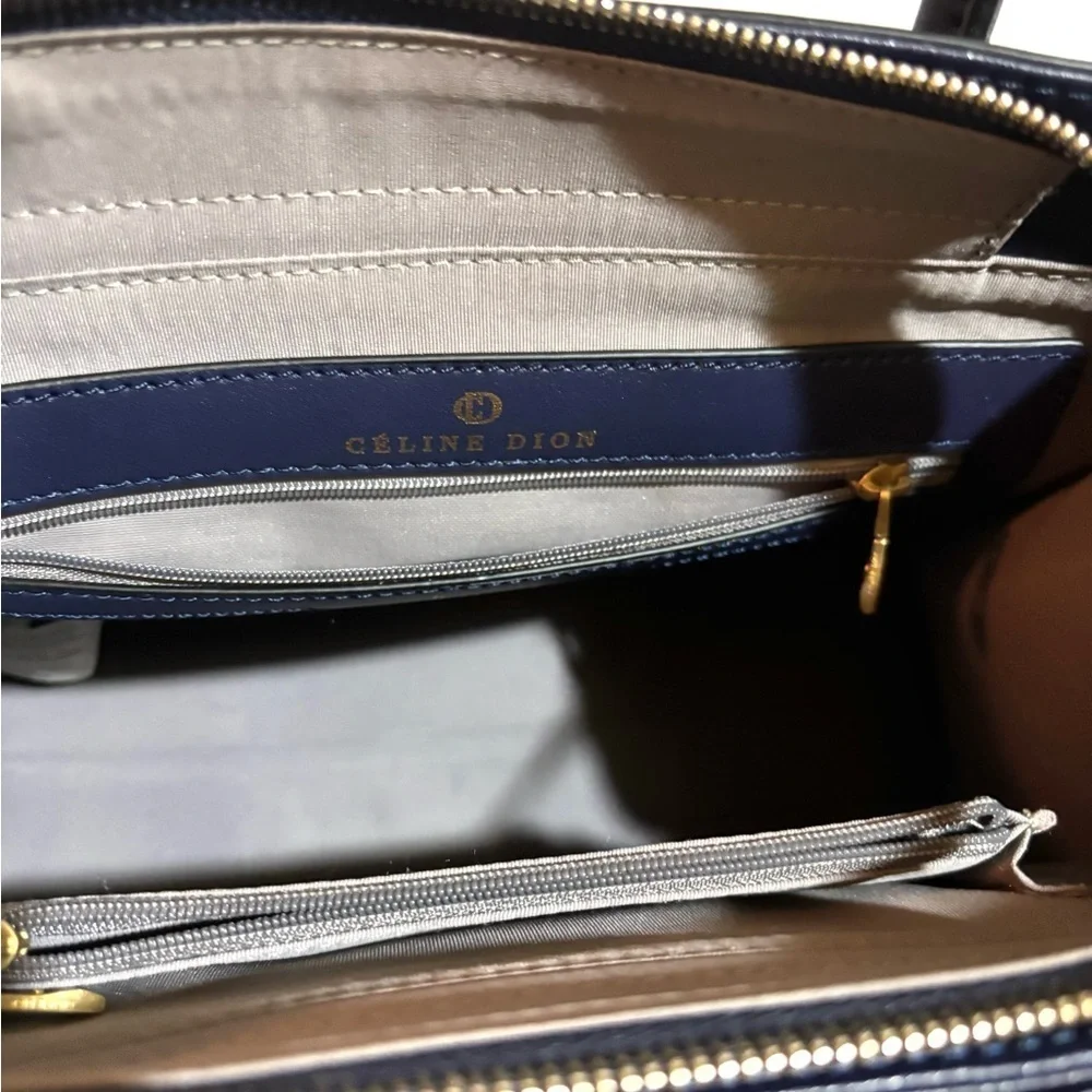 Celine Dion Elegant Navy blue satchel leather Handbag with Gold Accents